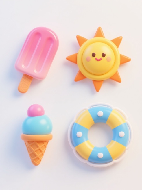 一组4个3D风格夏季主题图标，整体呈现圆润可爱的Q版造型，采用明亮活泼的马卡龙色系配色方案，具有平滑细腻的渐变质感和柔和的高光阴影处理，每个图标都带有轻微的立体感和厚度。图标包含：1. 粉红色冰棒，顶部有光泽感，橙色木棍；2. 黄色太阳，放射状线条为橙色；3. 橙色蛋筒冰淇淋，顶部有粉色和蓝色两球；4. 蓝黄相间的救生圈，有白色内圈和圆点装饰。所有图标在纯白色背景上均匀排列，边缘光滑无锯齿，整……预览效果