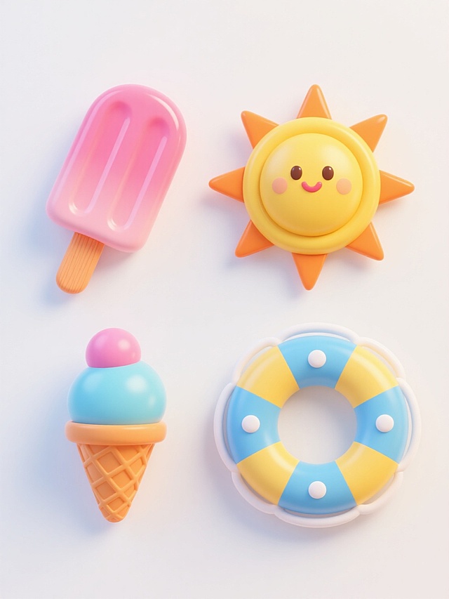 一组4个3D风格夏季主题图标，整体呈现圆润可爱的Q版造型，采用明亮活泼的马卡龙色系配色方案，具有平滑细腻的渐变质感和柔和的高光阴影处理，每个图标都带有轻微的立体感和厚度。图标包含：1. 粉红色冰棒，顶部有光泽感，橙色木棍；2. 黄色太阳，放射状线条为橙色；3. 橙色蛋筒冰淇淋，顶部有粉色和蓝色两球；4. 蓝黄相间的救生圈，有白色内圈和圆点装饰。所有图标在纯白色背景上均匀排列，边缘光滑无锯齿，整体风格统一、清新明快，充满夏日气息。