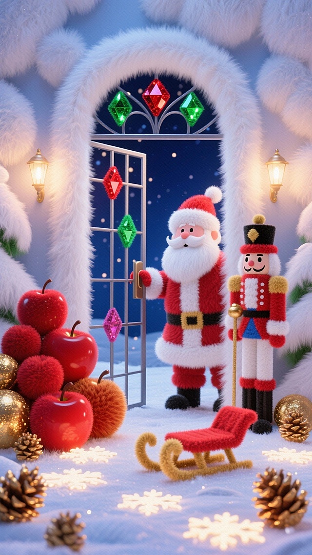中间是镶红绿彩钻的白色铁艺门框，圣诞老人向内推门。门前立着迷你雪橇、平安果堆、胡桃夹子。背景是墨蓝夜空，地面有发光雪花灯，散落鎏金松果。