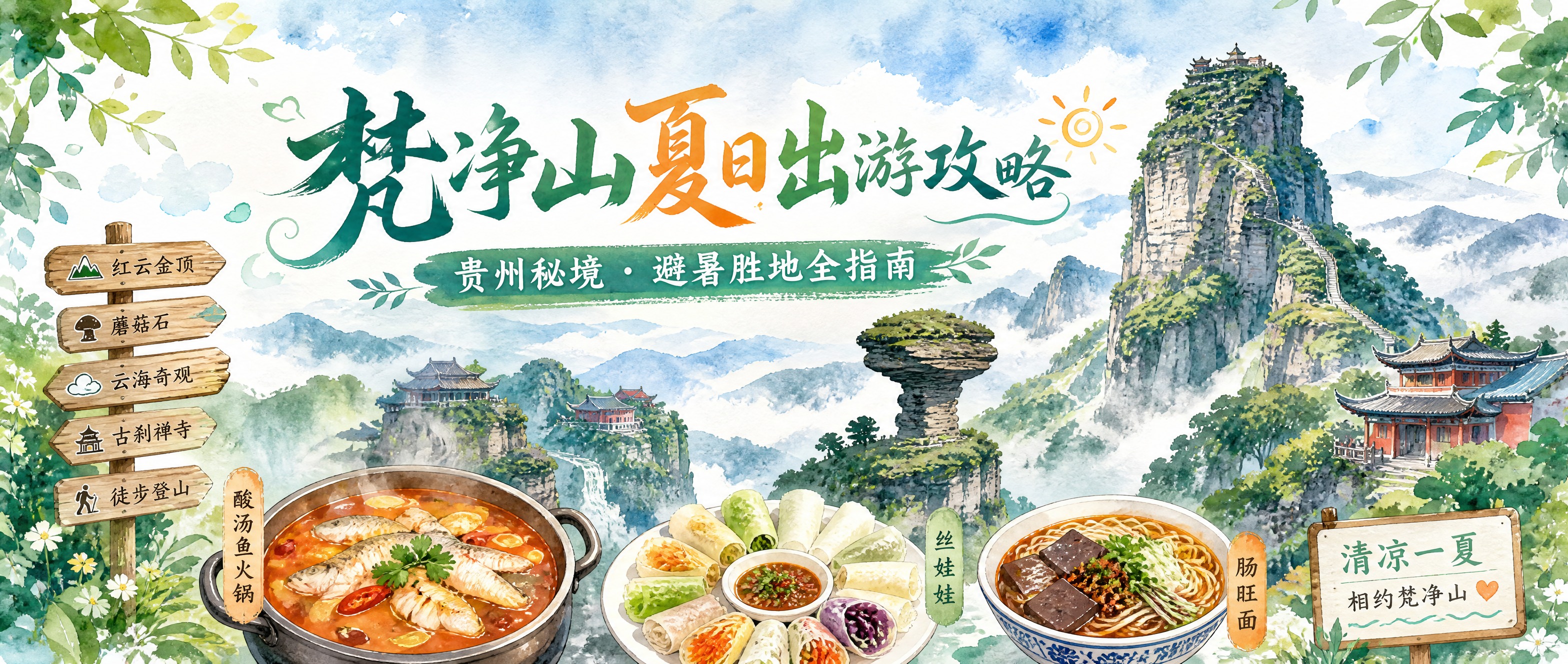 水彩手绘风格的微信公众号首图，主题为「梵净山夏日出游攻略」。画… - 图片创意预览