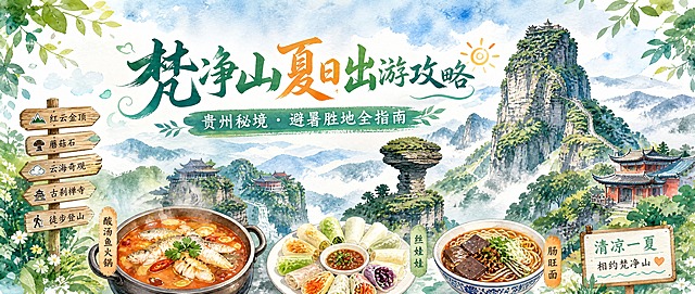 水彩手绘风格的微信公众号首图，主题为「梵净山夏日出游攻略」。画面中央偏上位置用醒目手写艺术字呈现主标题"梵净山夏日出游攻略"，副标题"贵州秘境 · 避暑胜地全指南"在主标题下方。画面主体融入梵净山标志性风景名胜：红云金顶巍峨耸立、蘑菇石奇特造型、山间云海缭绕、翠绿山林郁郁葱葱，山间点缀几处古寺飞檐。画面下方和角落融入贵州特色美食元素：酸汤鱼火锅、丝娃娃、肠旺面，以水彩插画形式轻盈点缀，不抢主体。整体色调以清新翠绿、天蓝色为主，搭配暖橙色点缀，夏日清凉通透感。水彩晕染质感，笔触柔和自然，色彩通透有层次。画面左右两侧留白适中，排版精美，适合作为公众号封面大图。画面中所有信息区域必须填充完整合理的内容，不得出现空白框或待填写区域。