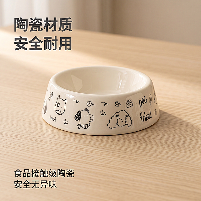 [主图-3] 手绘陶瓷宠物碗材质细节展示，日系治愈风。
[氛围风格] 干净通透，突出品质安全感
[画质] 商业摄影质感、光线柔和通透、产品清晰真实、画面干净高级
[元素] 近距离特写宠物碗的陶瓷釉面和手绘图案细节，将背景换成浅原木纹理桌面，保留产品整体造型，突出釉面光洁温润的质感和手绘线条的细腻。保持宠物碗外观、材质、图案与原图绝对一致，杜绝变形色差。商品主体占比约70%，画面满屏无边框。
[光影] 侧逆光拍摄，突出陶瓷釉面的温润光泽和通透质感，边缘有自然轮廓光，釉面细节清晰可见，过渡自然
[配色] 主色调原木浅棕色+奶白色，整体温暖干净，日系简约
[视角构图] 斜侧45度特写视角，焦点落在碗壁手绘图案和釉面处，浅景深突出细节
[文字版式] 左上角标题「陶瓷材质 安全耐用」，深灰色粗体；左下角用小字补充「食品接触级陶瓷 安全无异味」，文字不遮挡产品细节
[比例分辨率] 1:1比例，2k分辨率，文字清晰可辨，超高清
[负向提示词] 变形，水印，文字错乱，产品图模糊，背景杂乱，遮挡主体，配色刺眼