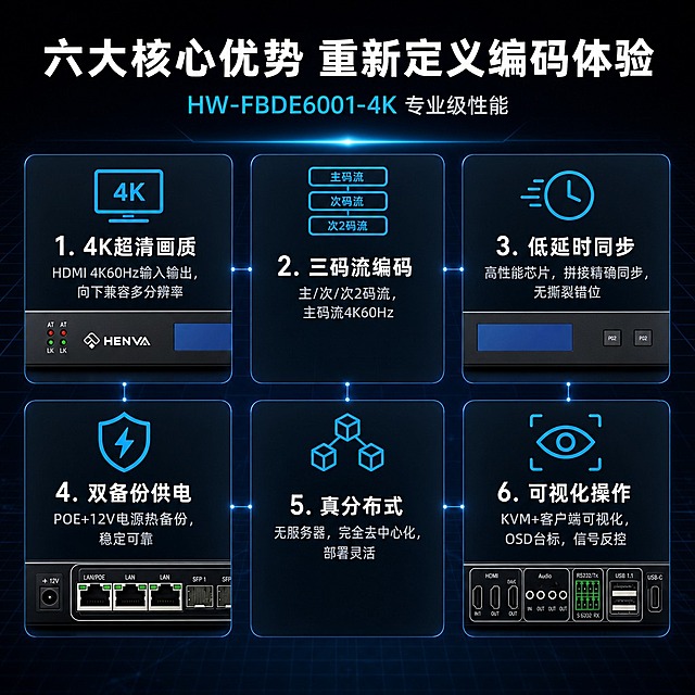[商品] 使用【图1】HENVA HW-FBDE6001-4K高清编码器；保留产品结构、颜色、Logo和全部接口；产品以局部特写和小图形式出现在各卖点卡片中，不做全幅展示。
[画面] 目标：核心卖点总览，6大优势卡片式呈现。构图：顶部标题区，下方6个卖点卡片2行3列排列，每卡含一个蓝色图标、一个卖点标题和一句说明；其中3张卡片嵌入产品局部小图（接口区、显示屏、网口光口区）；背景为深色科技底，有蓝色网格线和微弱光晕；卡片之间有蓝色细线连接，暗示系统联动。
[视觉] 套系策略：风格=深色科技工业风，专业严谨3C数码商业视觉；标题字=粗黑体无衬线，硬朗科技感；正文字=简洁无衬线中等字重；主色=深黑（#0A0E17）；背景延展=深黑底+藏蓝色科技网格+粒子光点；强调色=科技蓝（#00B4FF），用于图标、卡片描边、重点词高亮；标题色=纯白色；正文色=浅灰蓝（#B8C5D6）；组件=深色半透明圆角卡片、蓝色线性图标、卡片悬浮阴影；光影=整体冷蓝漫射光，卡片边缘有蓝色微光。
[文字] 顶部主标题：「六大核心优势 重新定义编码体验」；副标题：「HW-FBDE6001-4K 专业级性能」；6个卖点：1.「4K超清画质」—— HDMI 4K@60Hz输入输出，向下兼容多分辨率；2.「三码流编码」—— 主/次/次2码流，主码流4K@60Hz；3.「低延时同步」—— 高性能芯片，拼接精确同步，无撕裂错位；4.「双备份供电」—— POE+12V电源热备份，稳定可靠；5.「真分布式」—— 无服务器，完全去中心化，部署灵活；6.「可视化操作」—— KVM+客户端可视化，OSD台标，信号反控。文字全部横排，每卡文字简洁。
[规格] 图片比例1:1方版，4K分辨率，京东平台适配，避免红色元素、变形、错字、文字过小、白底、京东Logo/水印。