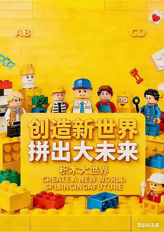基于参考图片的乐高黄色积木墙背景，保留原始积木装饰元素，保留露出的积木人物头部。重新排版文字：主体大文字为“创造新世界 拼出大未来”，放置在积木人物头部位置下方；小字两个英文字母放在角落；次标题为“积木大世界”和两串英文字母，风格不花哨，颜色简约，保留文字凹凸立体感，体现大小层次对比。乐高积木风格，明亮黄色调，重新生成一次。