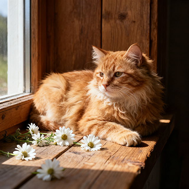 一只可爱的橘猫趴在阳光下的木质窗台，周围散落着几朵白色小野花，毛发蓬松柔软，温馨治愈的氛围，高清写实风格