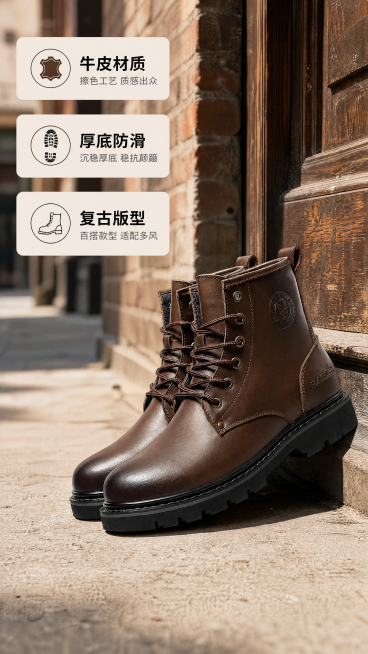 [第2屏] 核心卖点展示-跃步男鞋棕色高帮马丁靴场景种草。本屏使用【图1】作为商品主体，保持产品的物理结构、材质质感、颜色色号与输入产品图一致。
[氛围/风格] 街头休闲氛围感，自然街景背景，实景商业预览效果