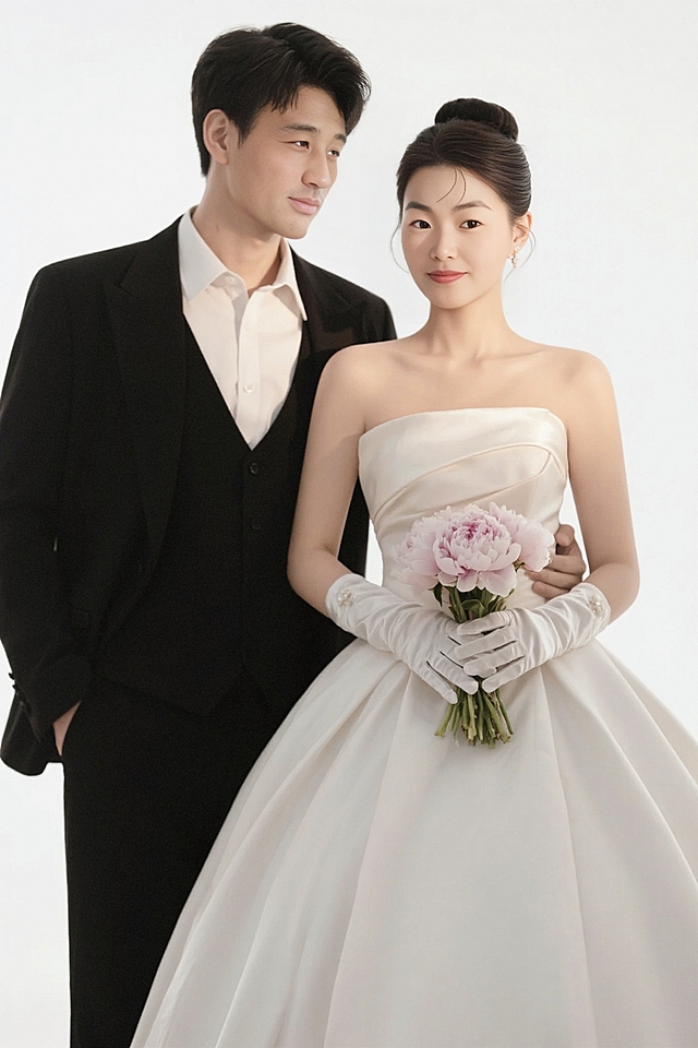 棚内婚纱全身照；男左女右，男生穿黑色西装白色衬衫；女生盘发穿缎面巨大裙摆婚纱，戴缎面手套，手拿芍药手捧花；男生搂着女生；白色背景，一束暖色灯光，看镜头。