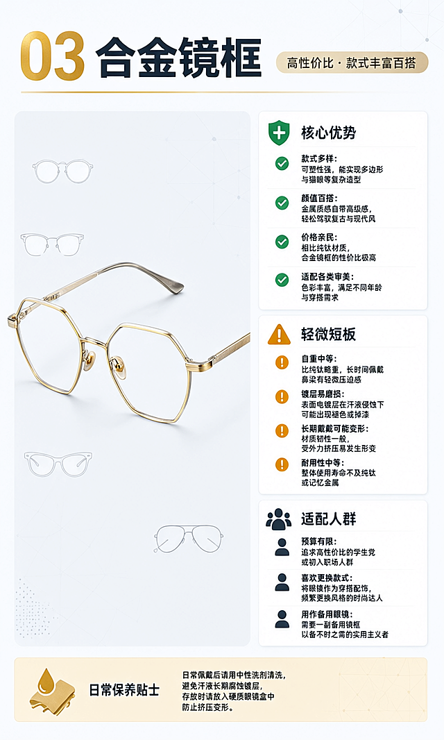 [第5张] 公众号长图-合金镜框详解页面。
[氛围/风格] 专业科普风，简洁清爽，时尚潮流信息卡片设计。
[元素布局] 左侧展示一副合金多边潮流镜框，款式时尚，金属光泽明亮，造型多样；右侧为信息区，分三大模块：核心优势、轻微短板、适配人群；顶部有大号材质名称和标签；背景延续浅灰蓝色调，搭配多样款式小图标呼应合金款式丰富特点。
[光影质感] 左侧眼镜有柔和侧光，突出合金金属光泽和时尚造型；右侧文字区平面设计，干净清晰。
[配色色系] 全局底色 #F5F7FA；主色深蓝灰 #2C3E50；合金主题色金色 #D4AF37 点缀；优势用绿色 #27AE60 标识，短板用橙色 #F39C12 标识。
[视角构图] 左右分栏布局，左图右文，阅读动线：顶部标题 → 左侧眼镜图 → 右侧三大信息模块。
[文字版式] 顶部大标题「03 合金镜框」，旁附标签「高性价比 · 款式丰富百搭」；右侧三个信息卡片：「核心优势」列出款式多样、颜值百搭、价格亲民、适配各类审美；「轻微短板」列出自重中等、镀层易磨损、长期佩戴可能变形、耐用性中等；「适配人群」列出预算有限、喜欢更换款式、用作备用眼镜的配镜人群。每个模块配小图标，文字清晰易读。
[比例分辨率] 宽度1080px竖版长图比例，1K分辨率，文字清晰可辨，高清画质。
[负向提示词] 变形，水印，文字错乱，文字过小，人物出现，背景杂乱，颜色偏差，镜框结构错误。
