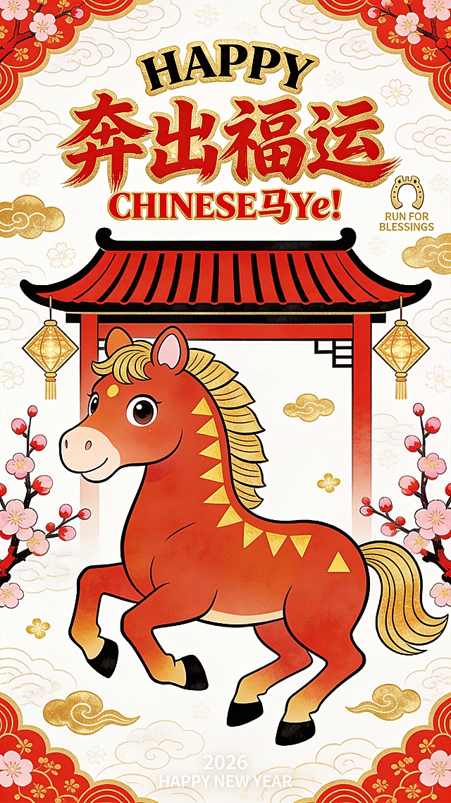 画面上半部分充满了极具视觉冲击力的字体设计，占据画面一半 的比例。最上方是带有粗犷的金色外描边圆润英文单词 “HAPPY”，紧挨着下方是笔画洒脱且充满活力的核心汉字标题 “奔出福运”，标题正下方是一行醒目的slogan “CHINESE 马Ye!”，整体文字排版紧凑，营造出热闹的节日氛围。画面右上角还有一个金色的马蹄铁符号以及极小的英文 “RUN FOR BLESSINGS”。画面下半部分的主体是一匹通体枣红的卡通骏马，马身昂扬挺立，四蹄呈奔跑姿态，占据了画面的底部，马身表面绘有金黄色的 “△” 形纹理代表鬃毛与斑纹。马头位于左侧，双眼圆睁，表情灵动，头顶竖着一对俏皮的耳朵。背景是一座扁平化风格的中式牌坊建筑，屋顶是耀眼的大红色，上面画着黑色的横线表示瓦片，屋檐下左右两侧各悬挂着一盏金色的菱形灯笼。画面左右两侧装饰着朱红色的梅花枝，枝头绽放着粉嫩的花苞。空中散落着几片简单的金色祥云。底部正中央写有微小的白色文字：“2026 HAPPY NEW YEAR”。白色背景