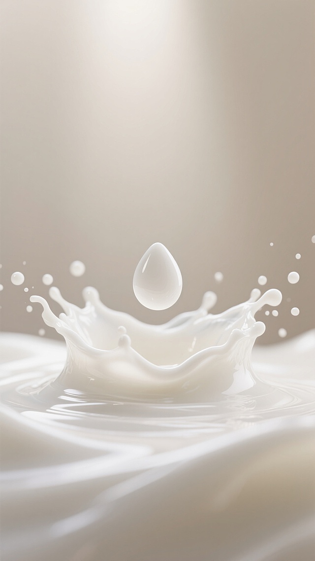 超写实摄影风格，画面主体为一滴完美的、光滑圆润的白色牛奶泪珠状液滴，悬浮于牛奶飞溅形成的白色浪花中央，周围环绕着飞溅的牛奶液滴和涟漪，背景为柔和的米白色渐变，光线从上方柔和洒落，形成细腻的高光和阴影，突出牛奶的纯净质感与流动性，整体氛围清新、纯净、富有动态美感，具有高度的视觉冲击力和产品质感表现。