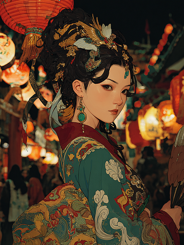 写实风格：“中晚唐堕马髻变体，高发髻向左侧极端倾斜（几乎贴近肩部），发尾加长垂至腰际，发丝带夸张波浪卷；髻顶插一支鎏金银钗（钗头雕飞鸟，鸟喙衔珠串），肩搭宽幅绛红披帛（绣金线云纹）；身着墨绿色织金襦裙（裙摆绣百蝶穿花），腰间系玉带（嵌翡翠扣）；背景为长安夜市（灯笼高挂、人流如织），灯火通明中发丝泛金属光泽；风格为盛唐遗风华丽插画，色彩浓烈（墨绿、绛红、金为主），发丝卷曲动感，8K超清，张扬艳丽。”
