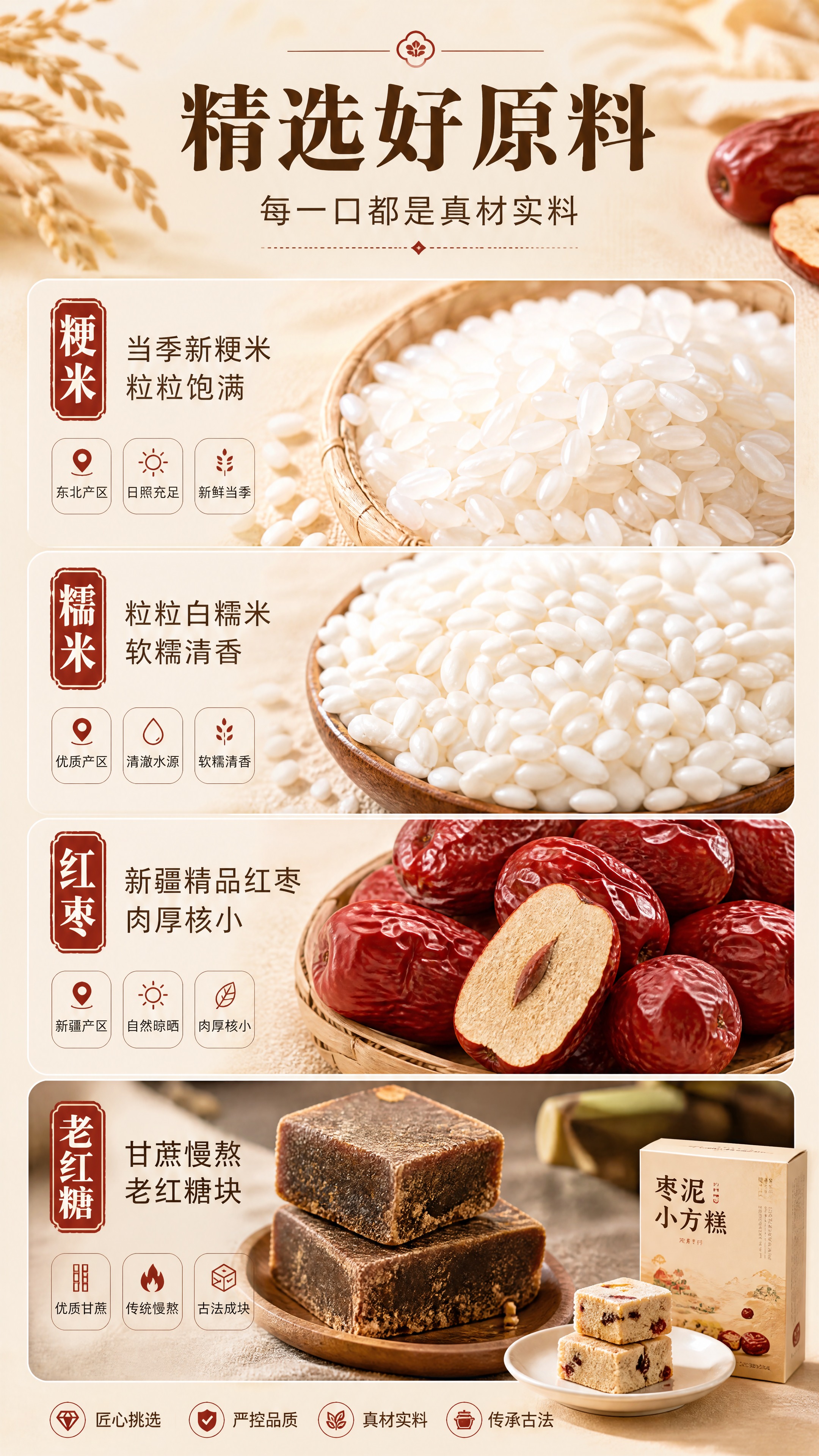 [商品] 成分原料专页，展示枣泥小方糕的精选原材料；画面以原料… - 图片创意预览