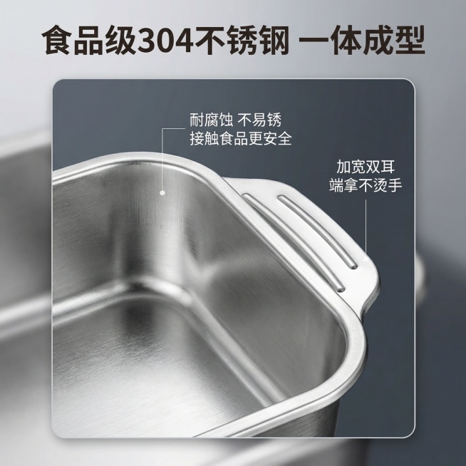 [主图 3] 食品级不锈钢材质细节
[氛围/风格] 质感展示，柔和光线突出金属材质
[画面元素] 微距放大展示不锈钢内壁材质纹理，突出一体成型无焊缝工艺，展示加宽防滑双耳结构，保留产品原有材质和造型不预览效果