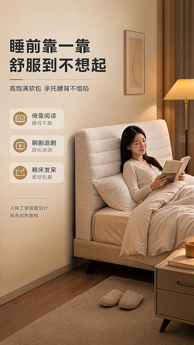 [商品] 使用【图1】现代简约软包双人床；商品处理：保留床头高靠背、米白色软包、浅米色床架的整体结构与颜色；床上铺浅色系床品+2个枕头；增强面料纹理质感，理顺床品，不改变床的版型和结构。
[画面] 目标：第5张-真人倚靠体验页，展示睡前倚靠软包靠背的舒适场景，突出"睡前倚靠超舒服"的使用体验。构图：右景左文，右侧约2/3为卧室场景，一位亚洲年轻女性半躺在床上，背部靠在软包靠背上，手持书本阅读，姿态放松自然，脸上带微笑；左侧1/3为文案区；床体侧45度角，人物与床占画面约60%；背景为温馨卧室，暖黄台灯+落地灯营造夜晚睡前氛围。
[视觉] 套系策略：风格=现代简约轻奢商业摄影；标题字=现代无衬线粗体中文；正文字=简洁无衬线体中文；主色=米白+浅奶咖；背景延展=基于米白奶咖做深浅层级、同色渐变和细腻墙面/织物质感；强调色=暖棕金，仅用于小面积图标、引线、标签和装饰线条；标题色=深炭灰；正文色=中暖灰；组件=圆角浅底信息卡、细线引线、胶囊形卖点框；光影=暖黄台灯光+环境暖光，柔和温馨的睡前氛围。
[文字] 左侧文案区：主标题"睡前靠一靠 舒服到不想起"（大字号粗体），副标题"高饱满软包 承托腰背不塌陷"；下方3条体验卖点："倚靠阅读 腰背不酸"、"刷剧追剧 放松肩颈"、"赖床发呆 柔软包裹"；底部小字"人体工学弧度设计 贴合自然曲线"；文字均为横排，不遮挡人物和床体。
[规格] 图片比例9:16竖版，4K，避免变形、错字、文字过小、冷蓝/蓝灰背景、床颜色改变、人物表情不自然、极限词。