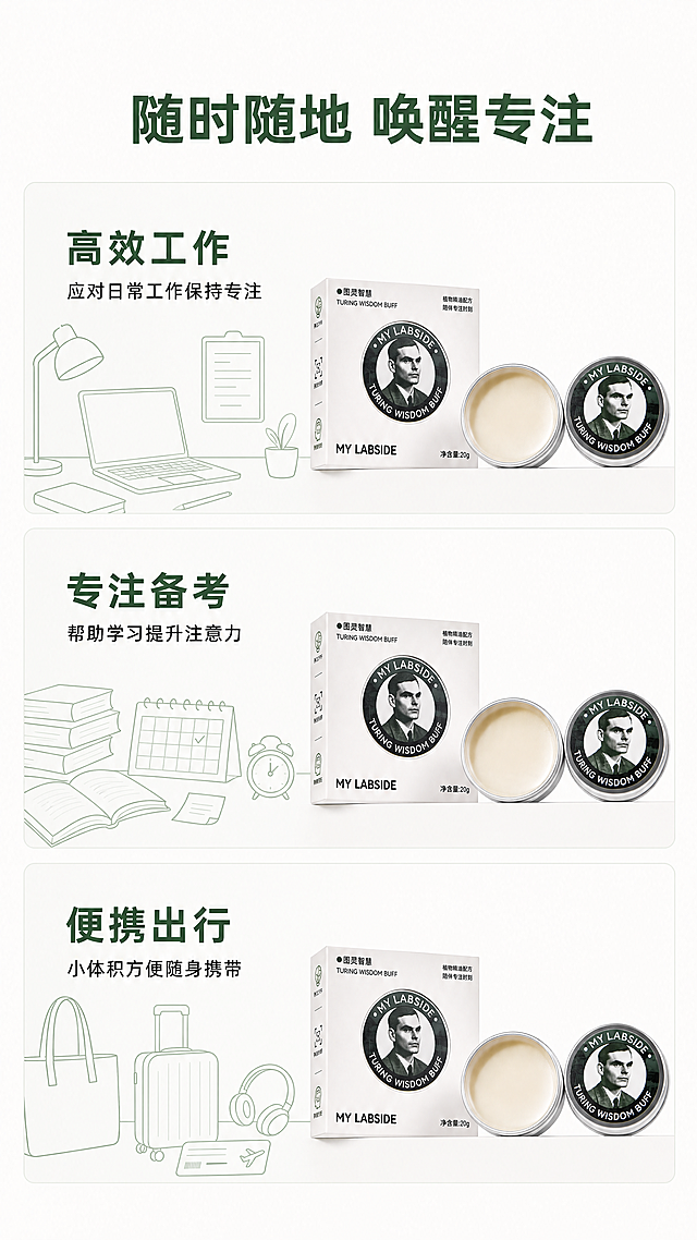 [第6屏] MY LABSIDE图灵智慧香膏多场景种草展示。
[氛围/风格] 简约干净场景展示，浅调纯色背景，突出产品适配多种场景，高级简洁风格。
[元素布局] 页面分为三格展示区域，每个区域展示一个使用场景示意，搭配产品小图，保持产品外观和包装文字与原图一致。三个场景从上到下排列，分别为工作学习、备考冲刺、出行随身，每个区域配简约场景线条图形，不使用复杂人像，整体简洁干净。
[光影质感] 均匀柔和柔光，整体明暗均匀，产品清晰突出，无强烈阴影。
[配色色系] 全局底色 #F8F8F8；场景线条浅绿 #588157；标题深绿 #3A5A40；说明文字深灰 #111111。
[视角构图] 竖向三格排版，从上到下信息依次展开，每个区域均衡分布，产品放置在每个区域右侧，文字在左侧，阅读动线清晰。
[文字版式] 顶部主标题「随时随地 唤醒专注」居中深绿加粗；每个区域左侧文字：第一个「高效工作」应对日常工作保持专注；第二个「专注备考」帮助学习提升注意力；第三个「便携出行」小体积方便随身携带；标题加粗，说明文字常规字重，排版清晰不拥挤。
[比例分辨率] 9:16竖版比例，4K分辨率，文字清晰可辨，超高清。
[负向提示词] 产品变形，包装文字错乱，文字模糊，颜色偏差，水印，背景杂乱，违规人像，低俗内容。