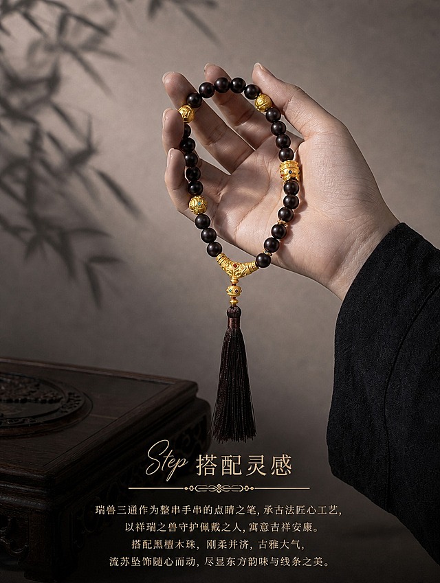 古法黄金瑞兽三通搭配灵感页，仅修改底部文案排版，顶部手持手串场景保持原样。手持黑檀木念珠带流苏，浅灰背景竹叶影。底部文案严格对齐Step1古法足金页的排版风格：Step手写花体字加搭配灵感宋体副标题，字号大小与Step1一致，中间细金线加花纹装饰，下方四行正文文字字号、行间距、颜色与Step1正文完全统一。去掉左侧大标题和左侧排版，改为底部居中排版，与Step1底部文案位置对齐。只改底部文字区域，产品和背景不动。竖版3:4，4K高清。