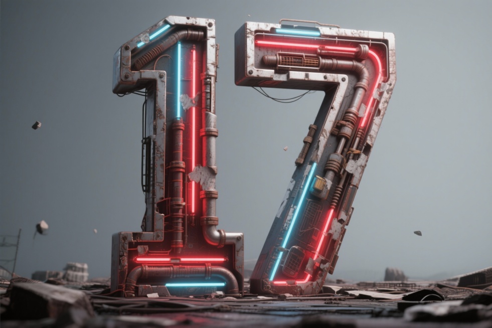 巨型城市质感数字 “17”，背景采用纯色预览效果