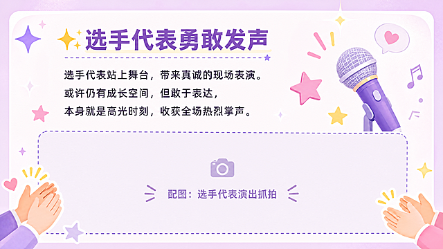 公众号长图第六张，选手代表环节板块，清新活泼风格。顶部小标题「✨选手代表勇敢发声」，下方正文「选手代表站上舞台，带来真诚的现场表演。或许仍有成长空间，但敢于表达，本身就是高光时刻，收获全场热烈掌声。」文字区域占上半部分，下半部分预留一个横版图片位置，用虚线框标注「配图：选手代表演出抓拍」字样，提示此处放置选手演出照片。背景为浅紫粉色调，点缀星星闪光、麦克风、掌声符号等装饰元素，整体温暖励志。文字清晰可读，排版舒适。
