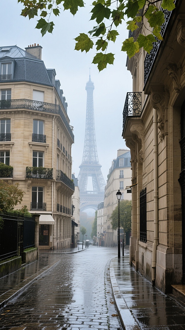 写实风格摄影，巴黎街景，雨后湿润的石板路反射着柔和天光，两侧是典型的巴黎奥斯曼建筑，米黄色石墙搭配深灰色坡屋顶，精致的铁艺阳台点缀其间，前景有几片翠绿的梧桐叶垂落，远处埃菲尔铁塔在薄雾中若隐若现，天空是柔和的灰蓝色调，光线柔和自然，阴影细腻，色彩真实还原，画面氛围宁静而富有欧式浪漫情调，建筑细节清晰，路面纹理分明，整体构图遵循三分法，视觉引导线由近及远延伸至铁塔。