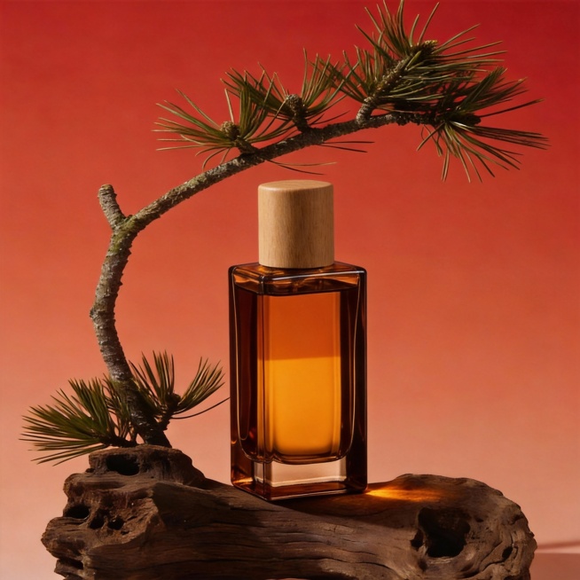 把图片1的【香水】产品放到图片2的【木头中间】，产品占比为1/2。预览效果