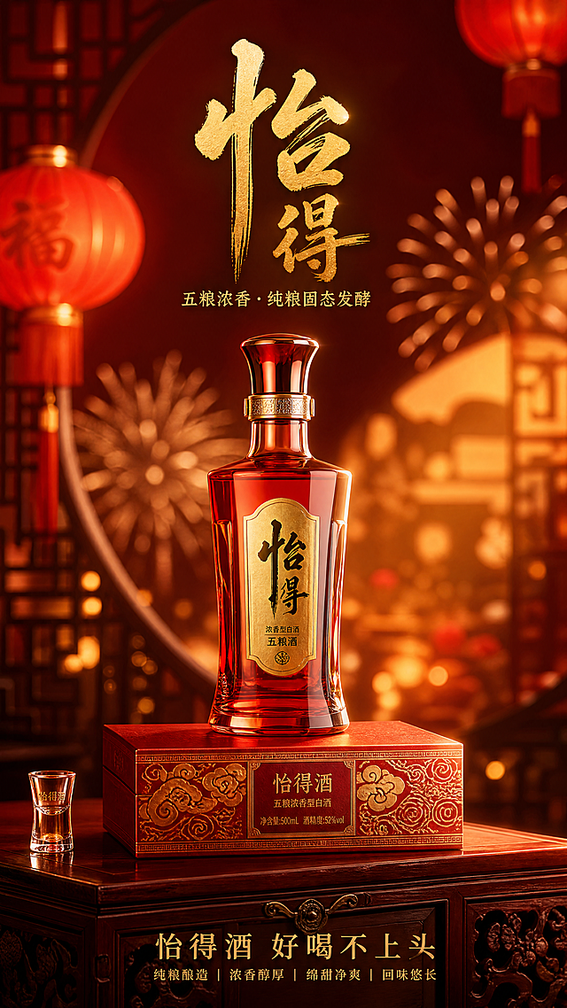 白酒品牌海报设计，主题为“怡得酒”浓香型五粮酒。整体暖色调，以中国红、鎏金、琥珀橙为主色，营造华贵喜庆的节日氛围。画面中央，一款红色玻璃瓶身的酒瓶立于红色烫金包装盒之上，瓶身通透的红玻璃材质折射出温暖的光泽，瓶内隐约可见琥珀色酒液。包装盒表面有精致的金色暗纹，纹样取自中国传统祥云与回纹。瓶身正面贴有金色标签，使用参考图https://4.png的书法字体书写"怡得"二字，保留竖排书法的笔刷质感。酒瓶与包装盒置于中式红木案台之上，背景为虚化的暖金色光斑或中式窗棂剪影，隐约透出灯笼与烟花的光晕。画面上方居中位置，以参考图https://2.png的浑厚金色书法字体呈现"怡得"品牌名，字体填金色，保留毛笔书法质感。下方配小字"五粮浓香·纯粮固态发酵"。画面底部有品牌标语："怡得酒 好喝不上头"。光影处理为温暖的前侧光，在玻璃瓶身形成柔和的高光与折射光斑，突出玻璃的通透质感与红色的华贵感。整体气质：高端、喜庆、华贵、有年节氛围。电影级光影，8k分辨率，竖构图海报。