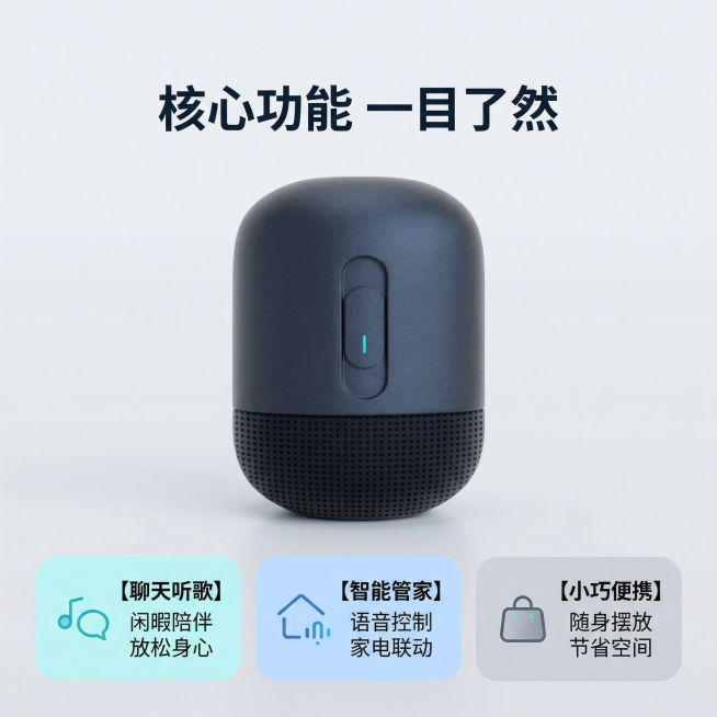 [主图 2] 智能蓝牙音箱核心卖点展示
[氛围/风格] 科技理性风格，简洁清晰突出功能优势
[画面元素] 保持深蓝色智能蓝牙音箱外观和原图一致，音箱居中展示，搭配三个功能卡片的版式设计，背景为浅灰渐变预览效果
