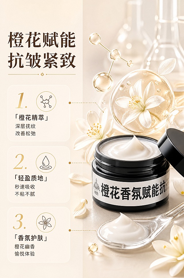 [商品] 使用【图1】橙花香氛赋能抗皱精华乳体验装；保留黑色圆形矮罐结构、白色标签、品牌Logo与"橙花香氛赋能抗"文字、罐身光泽质感；开盖展示乳霜质地，质地轻盈水润。
[画面] 目标：成分功效+质地体验页，展示橙花核心成分与轻盈好吸收的肤感。构图：左文右图分栏，左侧占45%放成分机理信息，右侧占55%放产品+质地微距。右侧产品开盖，旁边有一小勺精华乳质地特写，周围环绕橙花花瓣与金色分子微粒；背景浅米色+实验玻璃器皿柔焦元素。成分元素（橙花提取物分子、精华液滴）放大占右侧主视觉约40%，体现成分浓度感。
[视觉] 套系策略：风格=轻奢高级护肤商业摄影；标题字=优雅衬线粗体；正文字=简洁现代无衬线体；主色=浅米色；背景延展=基于浅米色做深浅渐变、柔雾质感与同色系层次；强调色=香槟金色，仅用于小面积图标、引线、装饰线条和高光点缀；标题色=深棕褐色；正文色=暖灰褐色；组件=圆角浅底信息卡、细线金色引线、圆形icon；光影=左前侧暖柔光，产品右侧金色轮廓光，整体柔和通透。
[文字] 左侧顶部主标题"橙花赋能 抗皱紧致"，下方3条编号卖点：1.「橙花精萃」深层抚纹 改善松弛；2.「轻盈质地」秒速吸收 不粘不腻；3.「香氛护肤」橙花幽香 愉悦体验。文字横排左对齐，金色数字编号，层级清晰。
[规格] 图片比例2:3竖版，4K分辨率，负向提示：避免变形、错字、文字过小、冷蓝/蓝灰背景、产品颜色改变、医疗功效宣称、绝对化用语、二维码、水印。