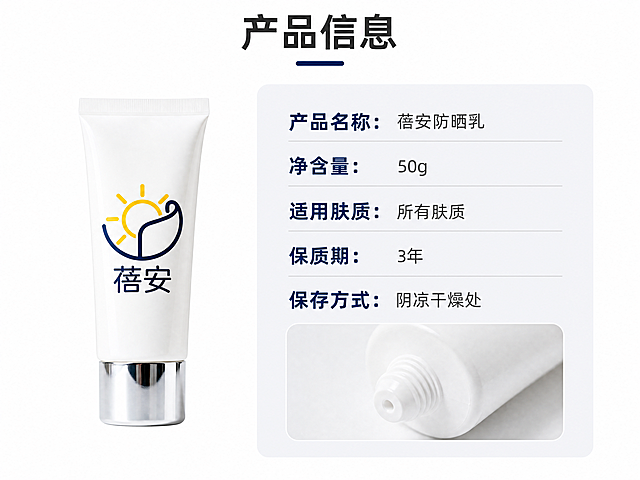 [第7屏] 蓓安防晒乳规格参数屏。
[氛围/风格] 简约信息卡风格，干净整洁，白色背景，信息清晰。
[元素布局] 使用【图1】产品放在画面左侧，保持外观与输入图一致，占比约40%。右侧为规格参数信息卡片，浅灰色背景，参数列表分行排列。瓶口局部特写小图放在参数列表下方，展示产品管口设计。
[光影质感] 均匀布光，产品和信息卡片都清晰明亮，没有明显阴影，细节清楚。
[配色色系] 全局底色：#FFFFFF（纯白）；参数卡片背景：#F0F2F5（浅灰色）；文字：#111111（深灰）；参数名称：#0A2463（深蓝色加粗）。
[视角构图] 左产品右参数，左右对称构图，符合瘦长产品左右构图规范，信息层级清晰。
[文字版式] 顶部主标题「产品信息」，右侧参数列表：「产品名称：蓓安防晒乳」「净含量：50g」「适用肤质：所有肤质」「保质期：3年」「保存方式：阴凉干燥处」，参数名称深蓝色加粗，参数内容深灰色常规字，排版整齐清晰。
[比例分辨率] 4:3 比例，4K分辨率，文字清晰可辨，超高清。
[负向提示词] 产品变形，文字错乱，排版拥挤，颜色偏差，水印，背景杂乱