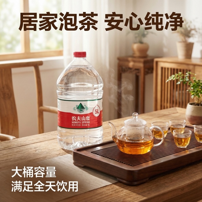 [主图主题] 居家泡茶场景展示
[氛围/风格] 温馨治愈居家风格，晨间柔光氛围
[画面元素] 农夫5升水桶放置在木质茶盘旁，搭配透明玻璃茶具，泡好的茶汤色泽透亮，背景是干净的原木茶桌，窗边暖阳光斜洒，预览效果