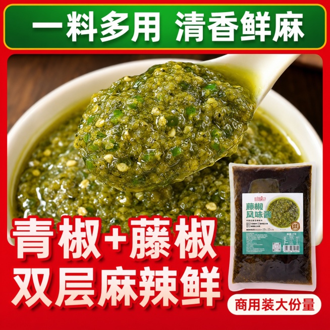 [单张主图] 倍珍香藤椒风味酱，爆款促销感电商主图，适配淘宝天猫。
[参考比对] 参考图采用爆款左文右图顶部标题版式，红色背景黄色外框，顶部绿色通栏放标题，中部主体展示藤椒酱实物，右下角放产品包装图，预览效果