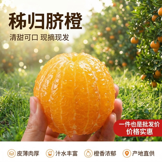 秭归脐橙电商主图，产品是剥开的新鲜秭归脐橙果肉，居中展示，果肉饱满透亮汁水充盈，背景为户外果园绿色草地，柔和的自然光斜射带有光斑效果。文案左上角为“秭归脐橙”，副标题“清甜可口 现摘现发”，右下角红底预览效果