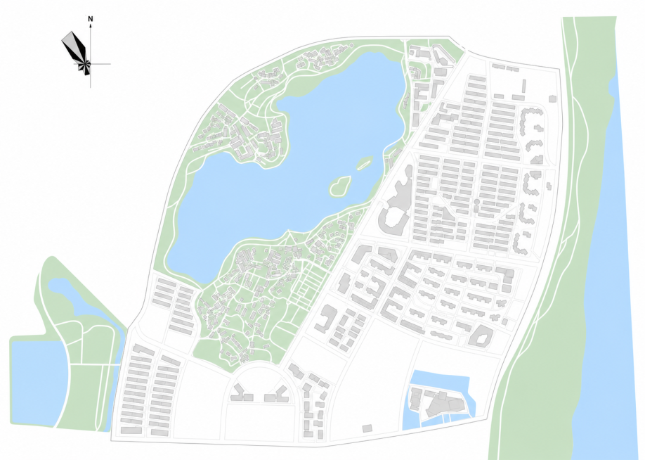 基于这张湖南后湖规划区地图，清理底图，建立纯净色块分区：水体后湖填充浅蓝色#A0D2FA，绿地填充浅灰绿色#B8D4B8，建筑填充浅灰色#D9D9D9，道路留白，去掉多余杂色线条，保持指北针和整体范围预览效果