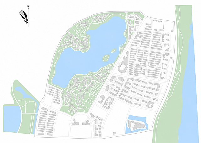 基于这张湖南后湖规划区地图，清理底图，建立纯净色块分区：水体后湖填充浅蓝色#A0D2FA，绿地填充浅灰绿色#B8D4B8，建筑填充浅灰色#D9D9D9，道路留白，去掉多余杂色线条，保持指北针和整体范围，做出干净高级的图底关系，背景为纯白色，低饱和高明度配色。