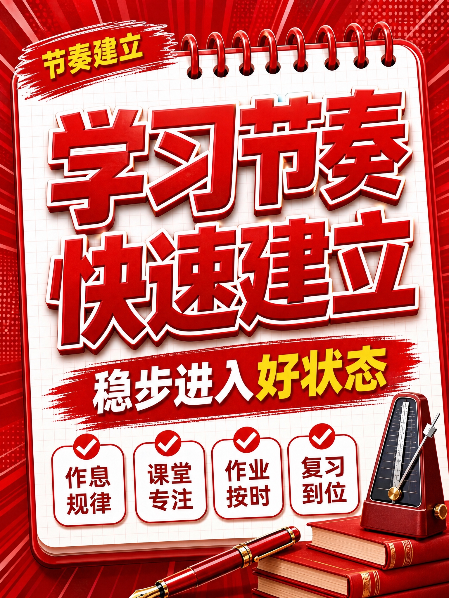 红色立体字风格开学季竖版海报，红色线圈笔记本构图，深红色放射背… - 图片创意预览