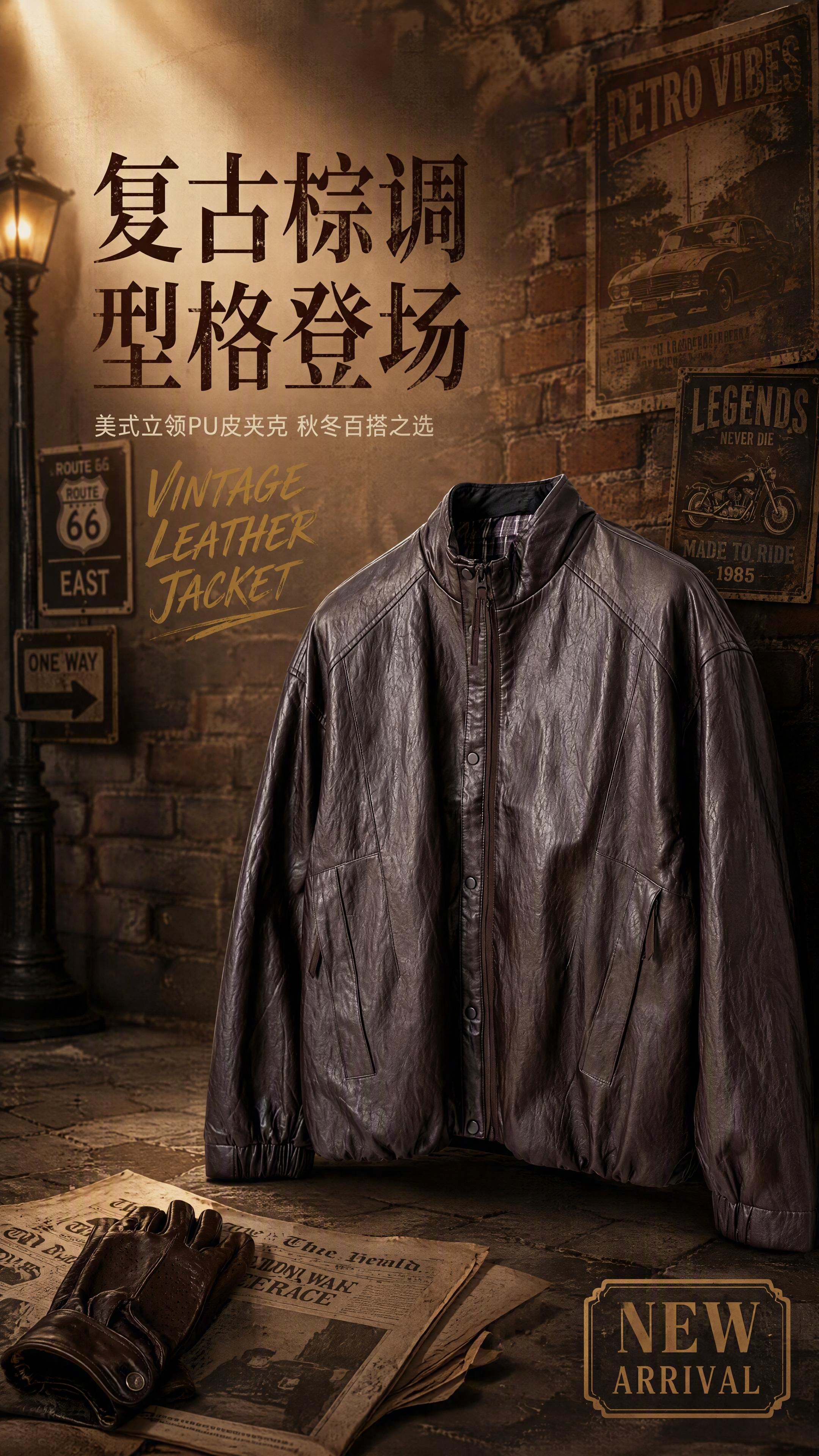 [第1张] 详情页头图海报-复古棕立领PU皮夹克风格宣传图。本… - 图片创意预览