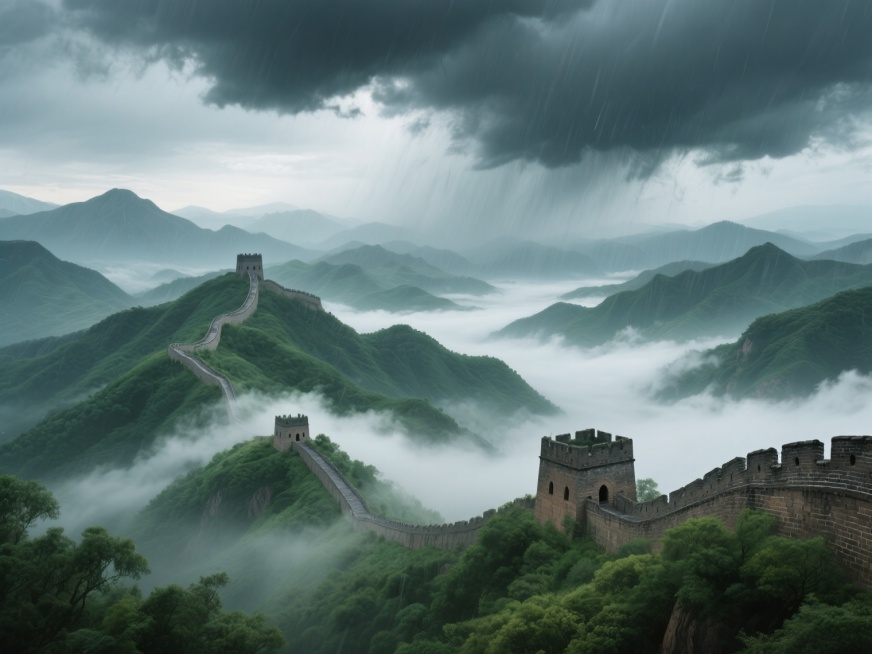 一幅壮观的中国长城景观，长城蜿蜒于层叠起伏的绿色山峦之间，烽火台巍然矗立，云海在山谷间缭绕，呈现出超写实的3D质感，光线柔和，色彩以青绿色和灰白色为主，整体氛围宁静而壮丽，天空中乌云密布，酝酿着一场即将来临的暴风雨，远处的山脉在阴沉的天色下若隐若现，空气中弥漫着湿润的气息，整个画面在保持原有超写实3D风格和长城、山峦、云海核心元素的基础上，通过乌云、阴沉天色和湿润空气的描绘，将天气条件变换为暴……预览效果