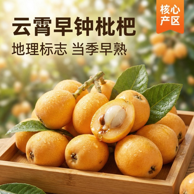 [主图 1] 首图/点击率
[主图主题] 云霄早钟枇杷电商首图
[氛围/风格] 清新自然生鲜风，自然暖阳逆光，极致食欲感，参考产品图颜色质感，无人像
[画面元素] 几颗饱满金黄的新鲜云霄早钟枇杷带绿叶预览效果