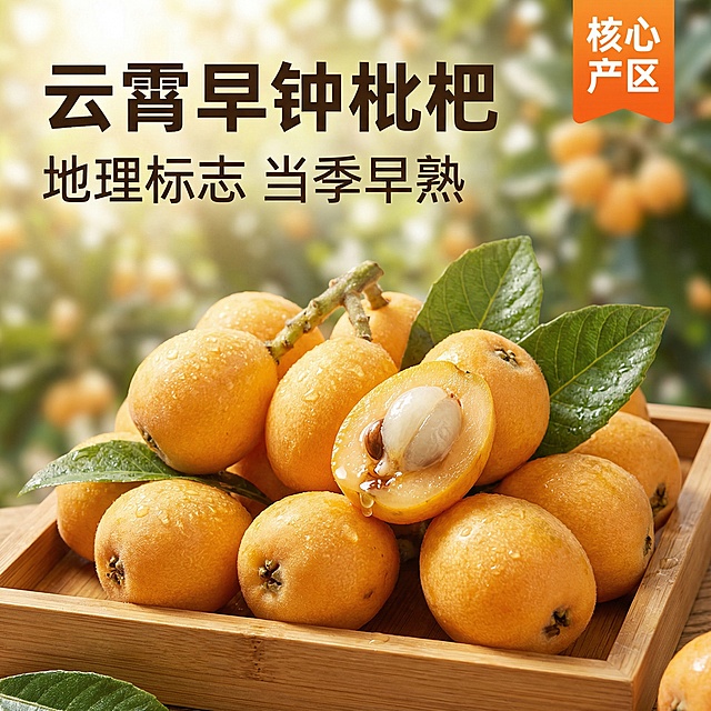 [主图 1] 首图/点击率
[主图主题] 云霄早钟枇杷电商首图
[氛围/风格] 清新自然生鲜风，自然暖阳逆光，极致食欲感，参考产品图颜色质感，无人像
[画面元素] 几颗饱满金黄的新鲜云霄早钟枇杷带绿叶放置在浅色木质托盘上，参考产品图的果实形状和橙黄色泽，表皮带细密绒毛和水珠，一颗枇杷被对半切开，展现嫩白多汁的果肉和细小果核，果汁光泽诱人，背景是朦胧的枇杷果园，阳光透过树叶洒下光斑
[配色色系] 主色调：枇杷橙黄；辅助色：绿叶翠绿，原木浅棕，暖阳金色
[视角构图] 平视角度，主体居中占据画面60%，景深适中，背景全屏无边框
[文字版式] 主文案 "云霄早钟枇杷"，副标题 "地理标志 当季早熟"，右上角橙底白字标签 "核心产区"，字体为无衬线粗体，主标题最大，副标题缩小50%，文字悬浮左上角留白，不遮挡果实主体
[比例分辨率] 2048px边长，2k分辨率