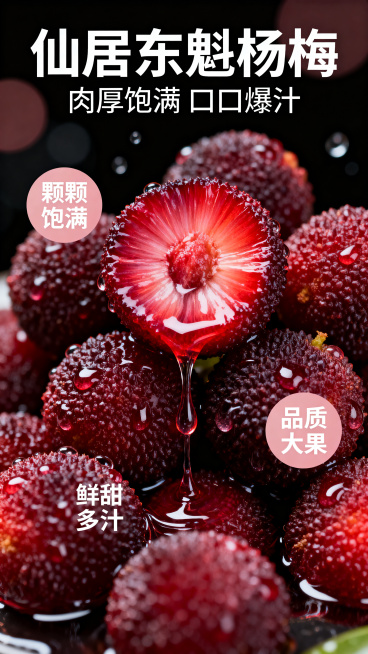 竖版电商美食特写海报，主体是大量堆叠的新鲜仙居东魁杨梅，画面中心是一颗对半切开的杨梅，切面果肉鲜红透亮，汁水顺着果肉纹理流淌滴落，周围环绕多颗完整杨梅，表面布满细密颗粒，挂满晶莹水珠，部分杨梅浸在清透预览效果