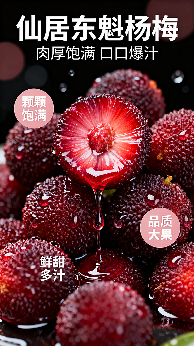 竖版电商美食特写海报，主体是大量堆叠的新鲜仙居东魁杨梅，画面中心是一颗对半切开的杨梅，切面果肉鲜红透亮，汁水顺着果肉纹理流淌滴落，周围环绕多颗完整杨梅，表面布满细密颗粒，挂满晶莹水珠，部分杨梅浸在清透的汁液中，果肉呈现深红到鲜红的自然渐变。背景为深黑色虚化，带有朦胧的圆形光斑，突出主体的鲜亮质感。整体色调以浓郁的杨梅深红色为主，搭配水珠的透明反光和背景的深黑色对比，高饱和度、高对比度，超写实微距食品摄影风格，8K高清画质，特写镜头，突出杨梅的水润多汁感。画面顶部有醒目的白色大字文案“仙居东魁杨梅 肉厚饱满 口口爆汁”，画面分布着三个浅粉色圆形标签，分别带有白色文字“颗颗饱满”“品质大果”“鲜甜多汁”，整体画面聚焦杨梅的诱人质感，食欲感强烈，商业海报质感。