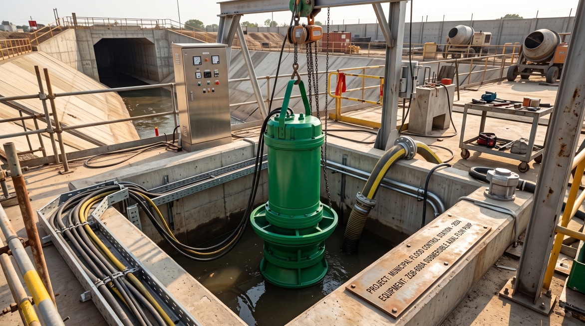 展示绿色ZQB Submersible Axial Flow Pump潜水轴流泵在工程现场的安装完成图，真实工业现场环境，设备安装到位，保留产品绿色外观，构图比例16:9，专业真实，适合外贸展示预览效果