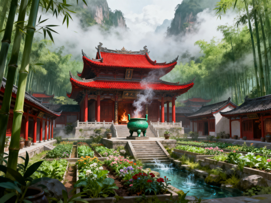 云雾缭绕之间，丹宗依山而建，朱红色飞檐掩映在翠绿色竹海中，空气中飘散着药香。主殿丹元殿以赤玉为瓦、沉香为柱，殿内三足丹鼎常年青烟袅袅，火脉温养不息。两侧整齐排列着丹房，药圃里奇花异草含露吐芳，灵泉潺潺预览效果