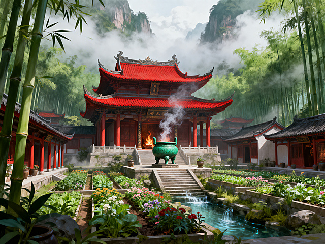 云雾缭绕之间，丹宗依山而建，朱红色飞檐掩映在翠绿色竹海中，空气中飘散着药香。主殿丹元殿以赤玉为瓦、沉香为柱，殿内三足丹鼎常年青烟袅袅，火脉温养不息。两侧整齐排列着丹房，药圃里奇花异草含露吐芳，灵泉潺潺沿着台阶流淌而过。整座宗门清净雅致，灵气充沛，既有炼药氛围，又有养生秘境，处处透着不染尘俗的道韵，整体氛围温润沉稳。