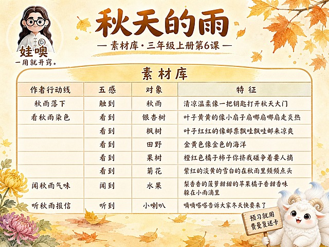 A4横版费曼复述卡成品，米黄色暖色调手绘水彩风格，温馨儿童教育风。左上角卡通女孩logo，下方写"娃噢"和"一用就开窍。"。顶部大标题"秋天的雨"，副标题"素材库·三年级上册第6课"。画面主体是四列表格，表头通栏写"素材库"，四列分别为"作者行动线"、"五感"、"对象"、"特征"，共8行完整内容：第1行秋雨落下，触到，秋雨，清凉温柔像一把钥匙打开秋天大门；第2行看秋雨染色，看到，银杏树，叶子黄黄的像小扇子扇哪扇哪扇走炎热；第3行（行动线空），看到，枫树，叶子红红的像邮票飘哇飘哇邮来凉爽；第4行（行动线空），看到，田野，金黄色像金色的海洋；第5行（行动线空），看到，果树，橙红色橘子柿子你挤我碰争着要人摘；第6行（行动线空），看到，菊花，紫红的淡黄的雪白的在秋雨里频频点头；第7行闻秋雨气味，闻到，水果，梨香香的菠萝甜甜的苹果橘子香甜香味躲在小雨滴里；第8行听秋雨报信，听到，小喇叭，嘀嘀嗒嗒告诉大家冬天快要来了。右下角白色九尾小羊神兽举牌写"预习就用费曼复述卡"。背景米黄色渐变，点缀秋天落叶菊花装饰。版式精美，文字清晰。