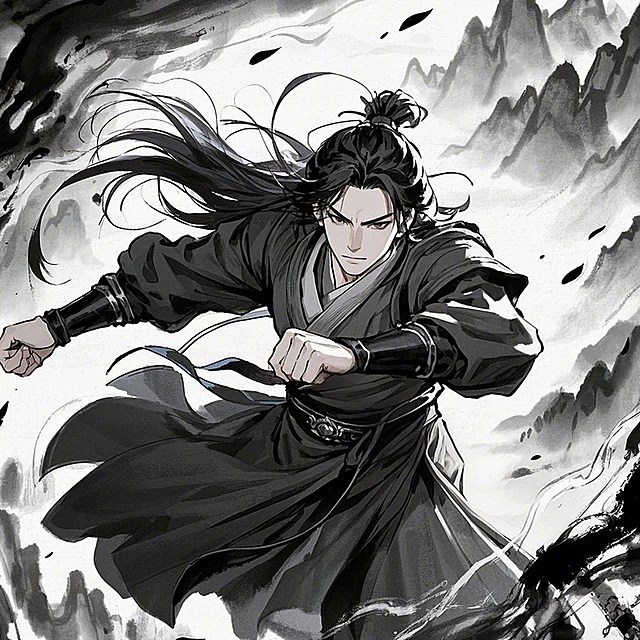 一个英俊的中国古代侠客，飘逸的黑发，战斗动作