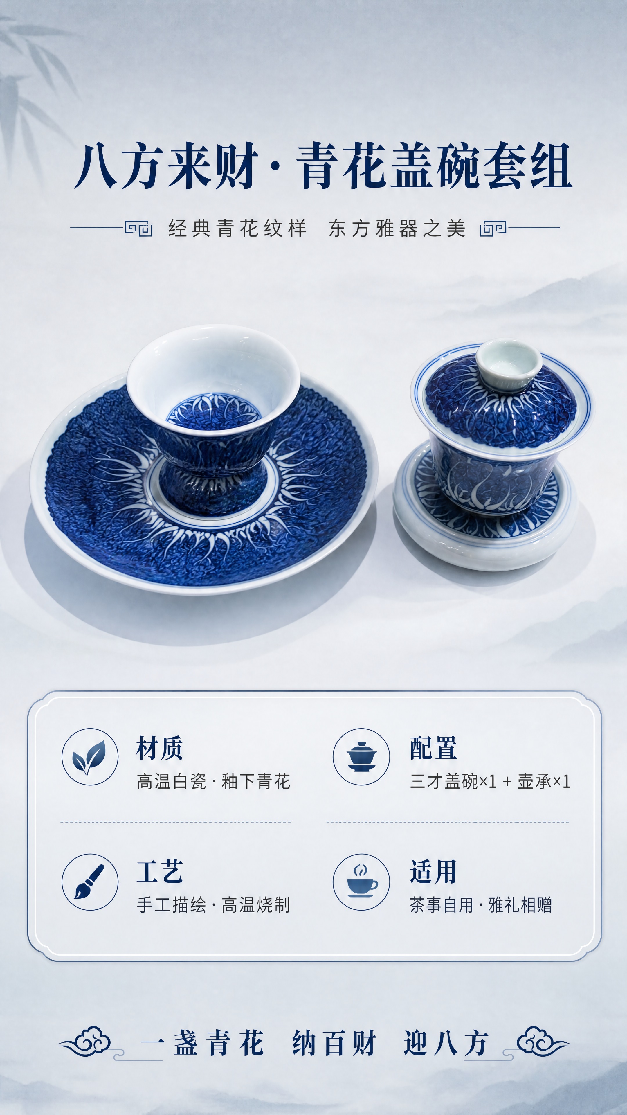 [商品] 使用【图1】青花白菜纹三才盖碗套组；保留青花图案、蓝… - 图片创意预览