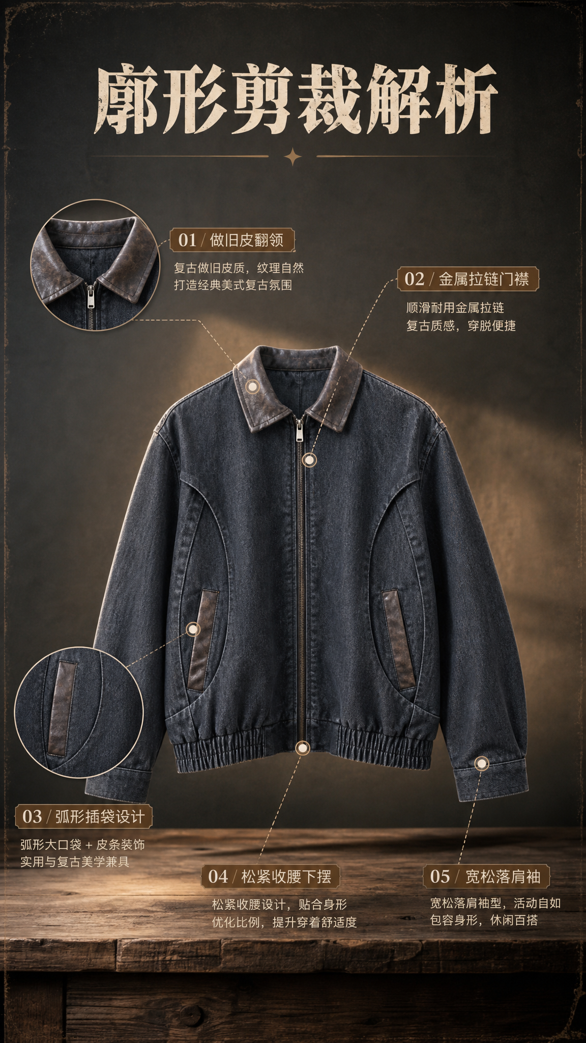 [商品] 使用【图1】复古做旧皮领牛仔夹克；商品处理：保留深灰… - 图片创意预览