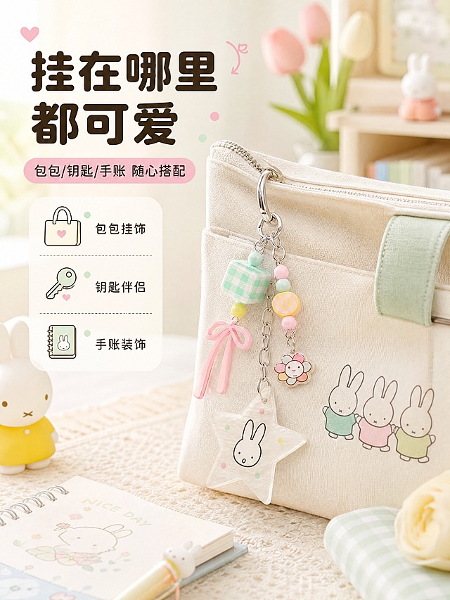 [商品] 使用【图4】米菲星星钥匙扣挂件；保留银色开口圈、星星米菲头像吊坠、粉绿格纹方块珠、粉色蝴蝶结、马卡龙色串珠、小花吊坠的完整结构与颜色；商品处理：保留所有部件造型与颜色，增强五金光泽与亚克力质感，不改变结构比例。
[画面] 页面目标：场景种草，展示挂件挂在包包上的日常搭配效果，激发购买欲。构图左文右图，产品挂在米白色帆布包/托特包拉链上，包包放置在温柔的奶白色桌面，周围搭配笔记本、小花瓶、小玩偶等软萌书桌道具，前景桌面纹理，中景包包+挂件主体，后景虚化的书桌背景，≥3层视觉层次。阅读动线从左上文字到右侧产品。
[视觉] 套系策略：风格=软萌复古童趣治愈系商业摄影；标题字=圆润粗黑体圆角无衬线；正文字=可爱圆角无衬线体；主色=薄荷奶绿+樱花粉+奶黄的马卡龙色系；背景延展=基于奶白+薄荷奶绿做柔和渐变、书桌场景柔焦处理；强调色=樱花粉，仅用于小面积图标、引线、标签和装饰圆点；标题色=深棕咖；正文色=暖灰棕；组件=圆角信息卡、虚线引线、圆点装饰、软萌小图标；光影=窗边自然光+侧前方暖柔光，整体明亮通透软焦感。
[文字] 左上主标题「挂在哪里都可爱」，副标题「包包/钥匙/手账 随心搭配」，下方3个使用场景小图标+文字：包包挂饰、钥匙伴侣、手账装饰；文字均为横排，不遮挡产品主体。
[规格] 淘宝/天猫详情页竖版3:4比例，4K分辨率，负向提示：避免变形、错字、文字过小、冷蓝灰背景、产品缺件、结构错乱、绝对化用语、平台Logo水印。