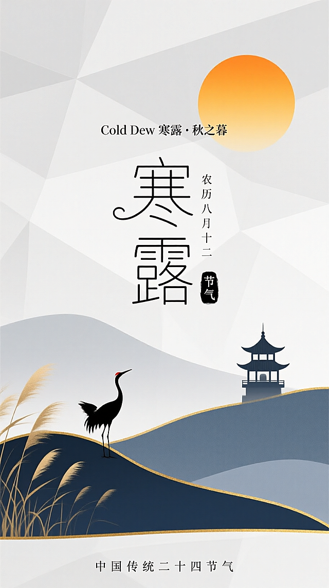 水墨风与扁平风融合，剪影鹤立山丘，亭台隐现，鎏金线条勾勒秋意，营造中式古典静谧秋天之美，展现寒露节气的唯美感与文艺气息。