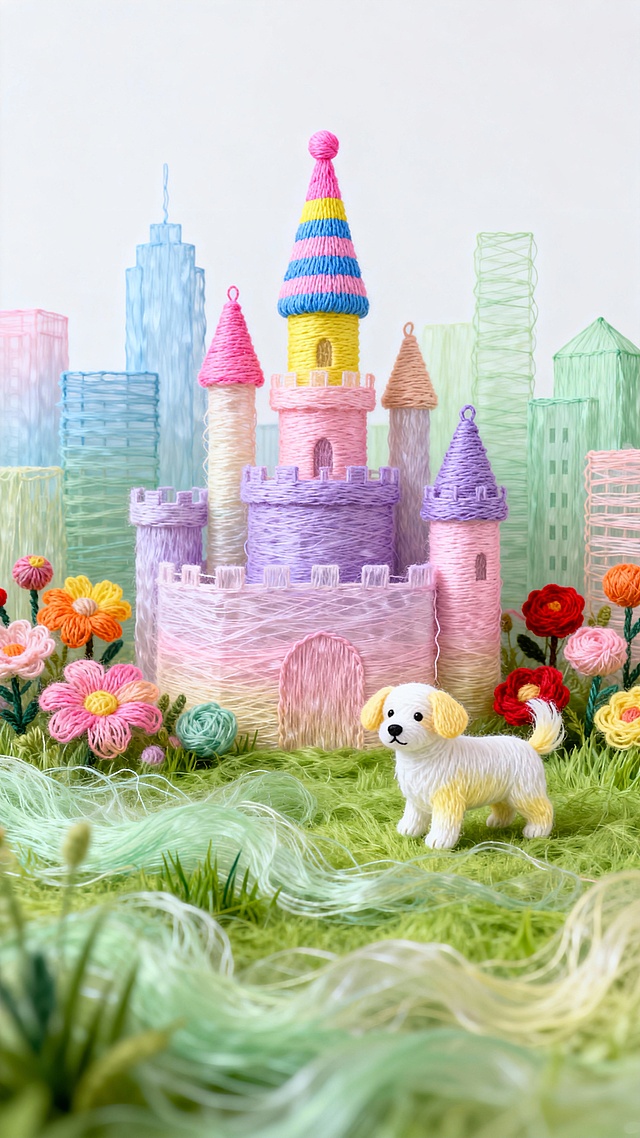 线绣彩韵城堡，柔绒花径伴萌犬，织就甜软童话境